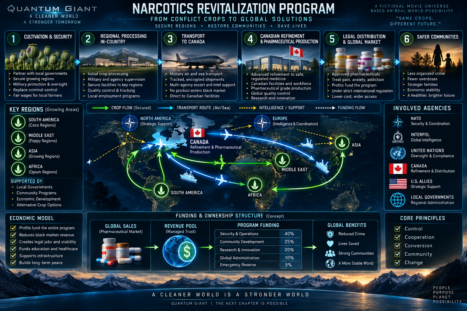 Fictional Narcotics Revitalization Program: crop sourcing, security, funding and global system overview
