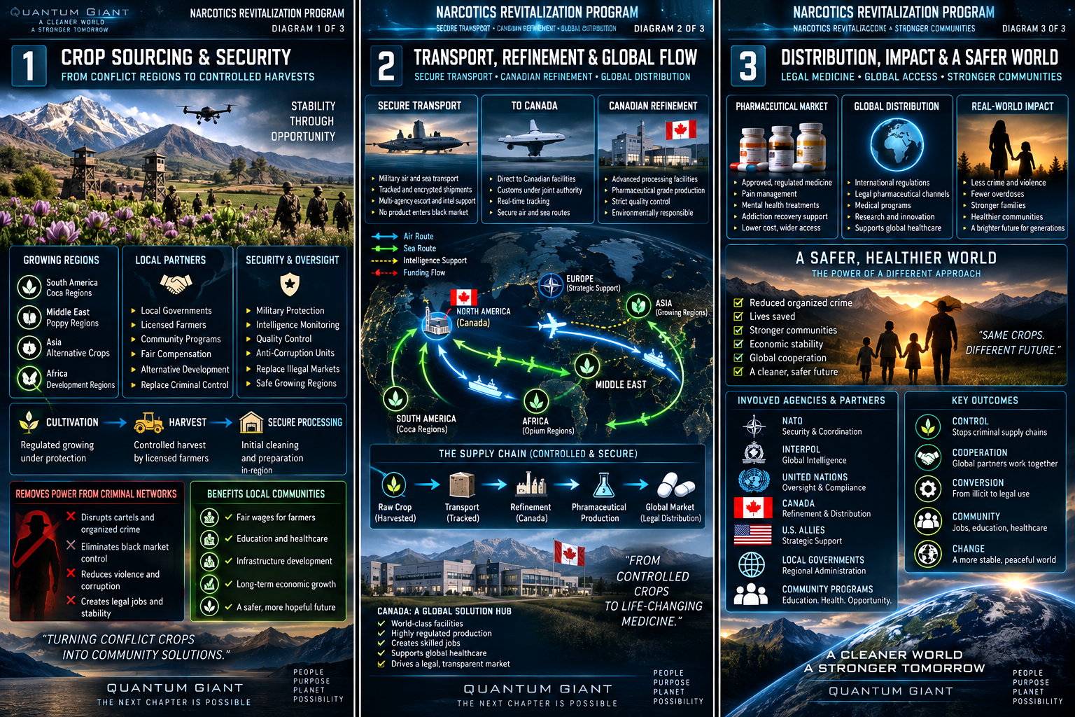 Fictional global transport, Canadian refinement and pharmaceutical distribution diagram