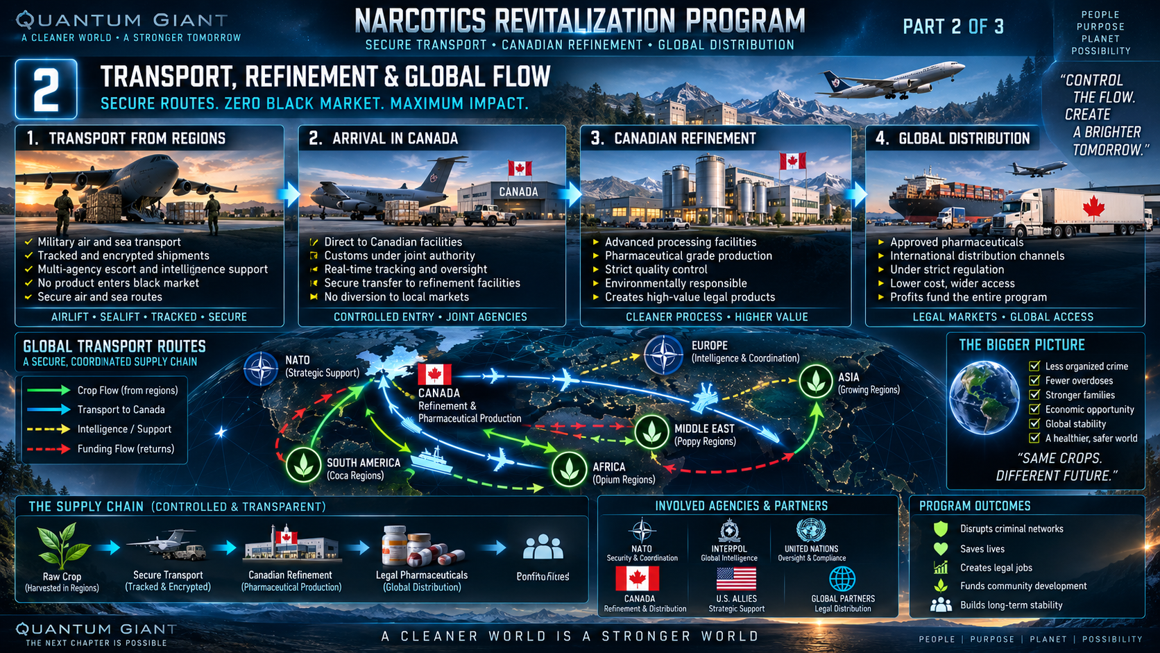 Fictional three-part program diagram showing sourcing, transport, refinement and global outcomes