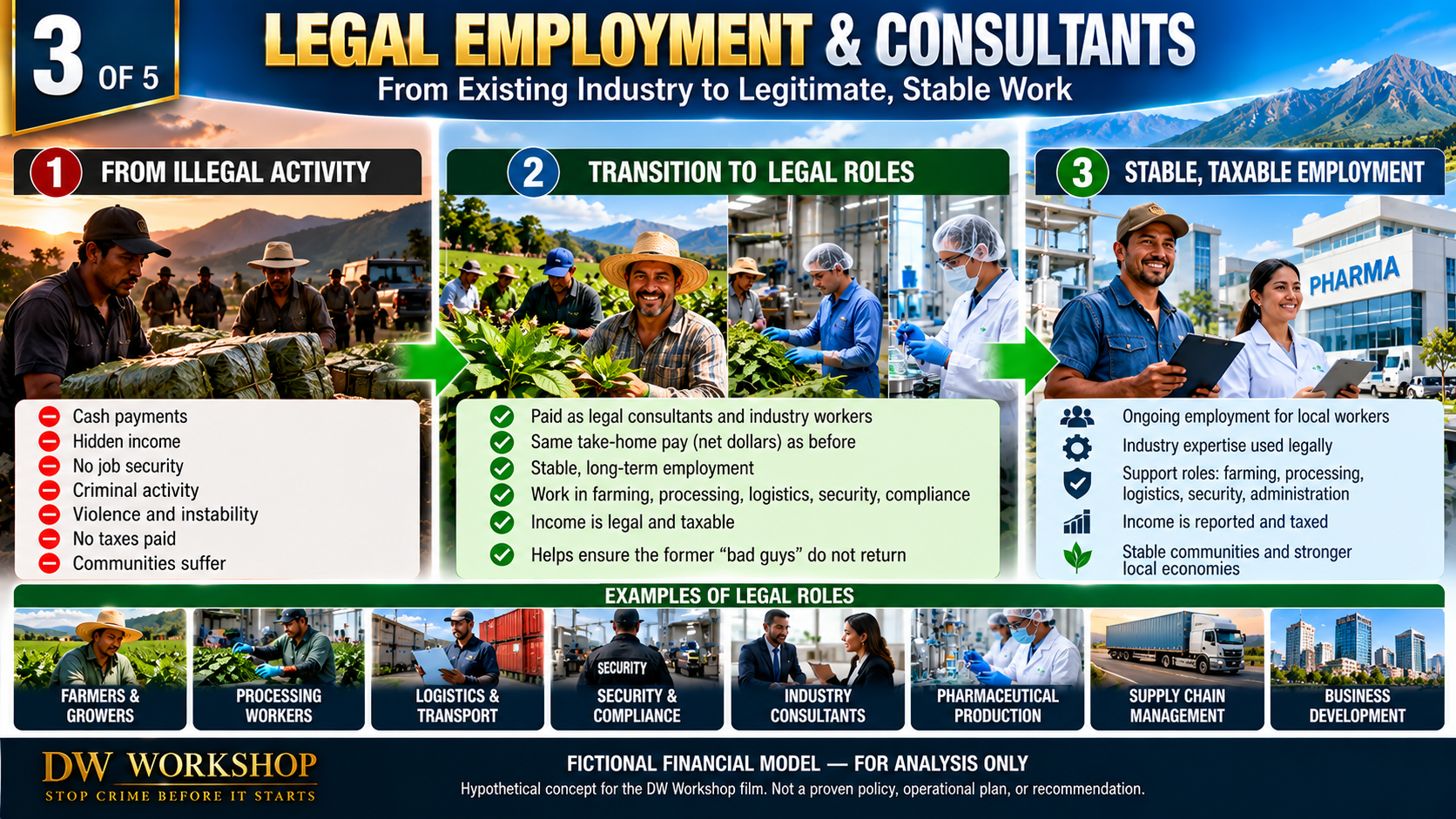 3 of 5: Legal employment and consultants, from existing industry to legitimate, stable work